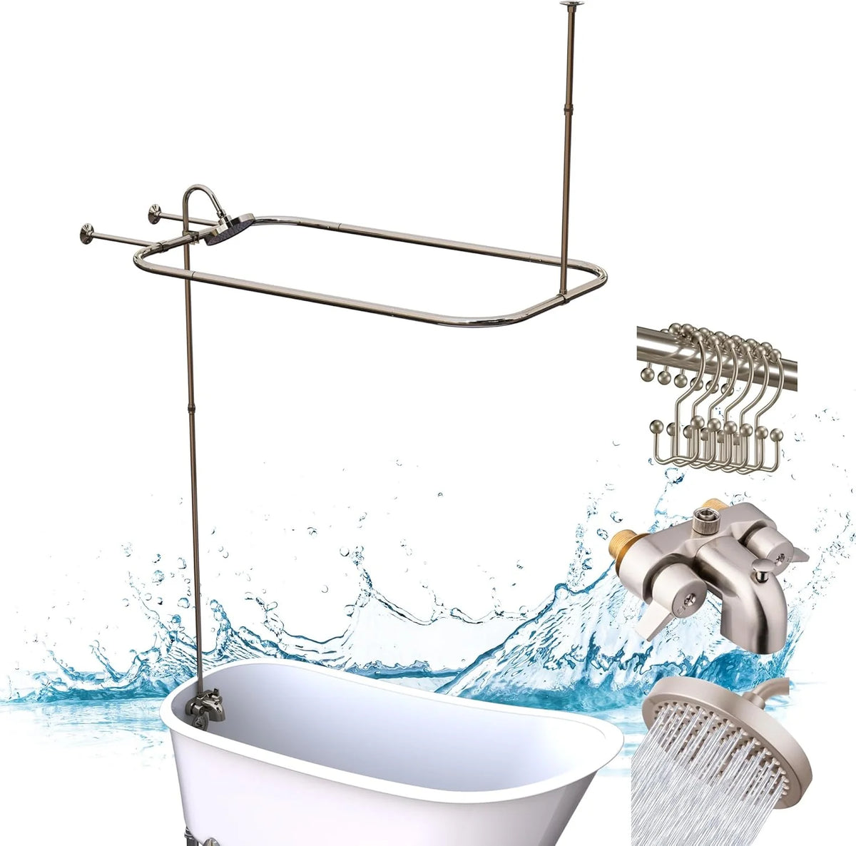 Clawfoot Tub Shower Kit. Add On Shower Units With Bathcock Diverter Faucet and 48 X 27 Rectangular Claw foot Tub Shower Curtain Rod Kit.Claw foot Tub Shower Faucet Set.Brushed Nickel