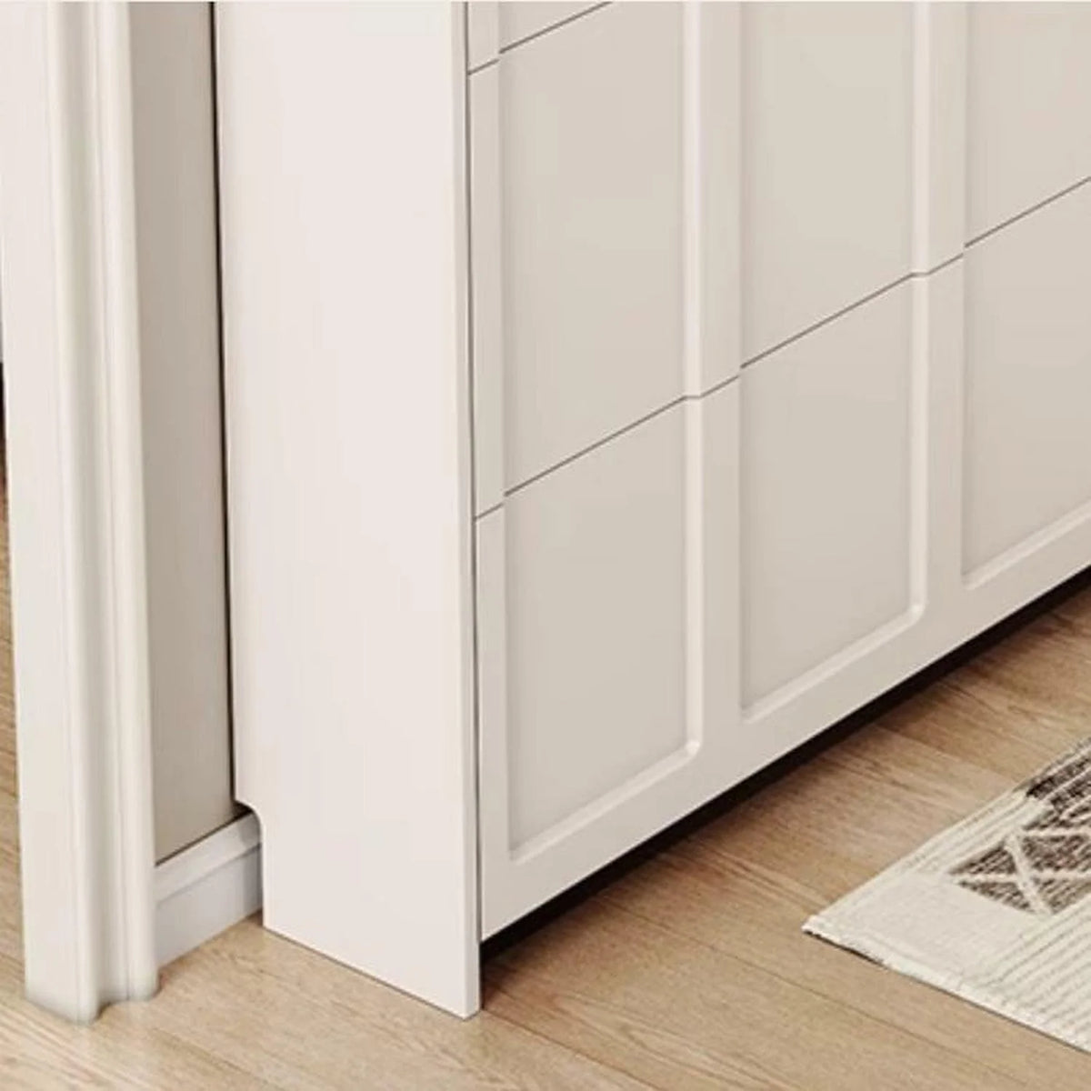 Narrow white artificial wooden shoe cabinet with door. modern entrance shoe rack. standalone hidden shoe cabinet