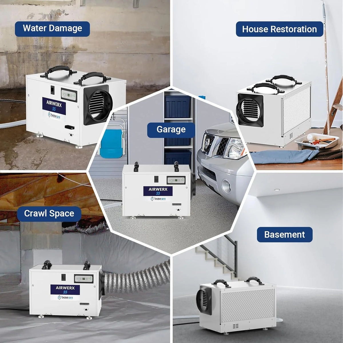 Galon dehumidifier. a drain-equipped basement dehumidifier for commercial. garage. and kitchen use. compact design. automatic defrosting. memory start function. suitable for 1200 square feet of space.