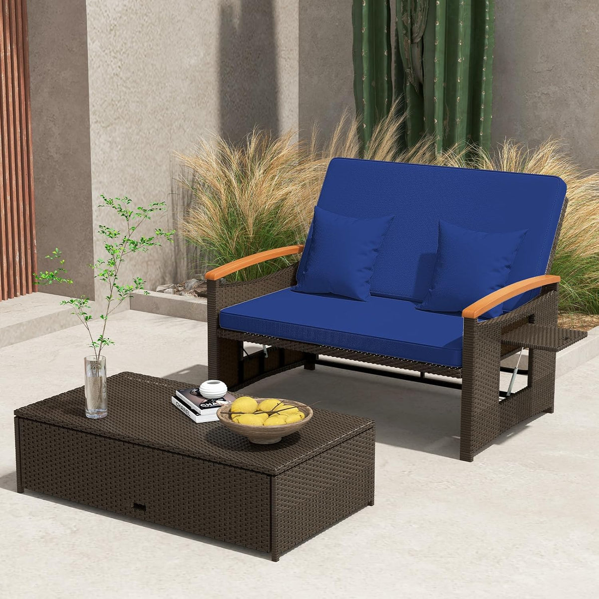 Moccha Outdoor Wicker Daybed. Patio Rattan Loveseat Sofa w/ 4-Level Adjustable Backrest. Folding Panels. Storage Ottoman & Cushions. Lounge Furniture Set for Poolside Backyard Porch (Beige)