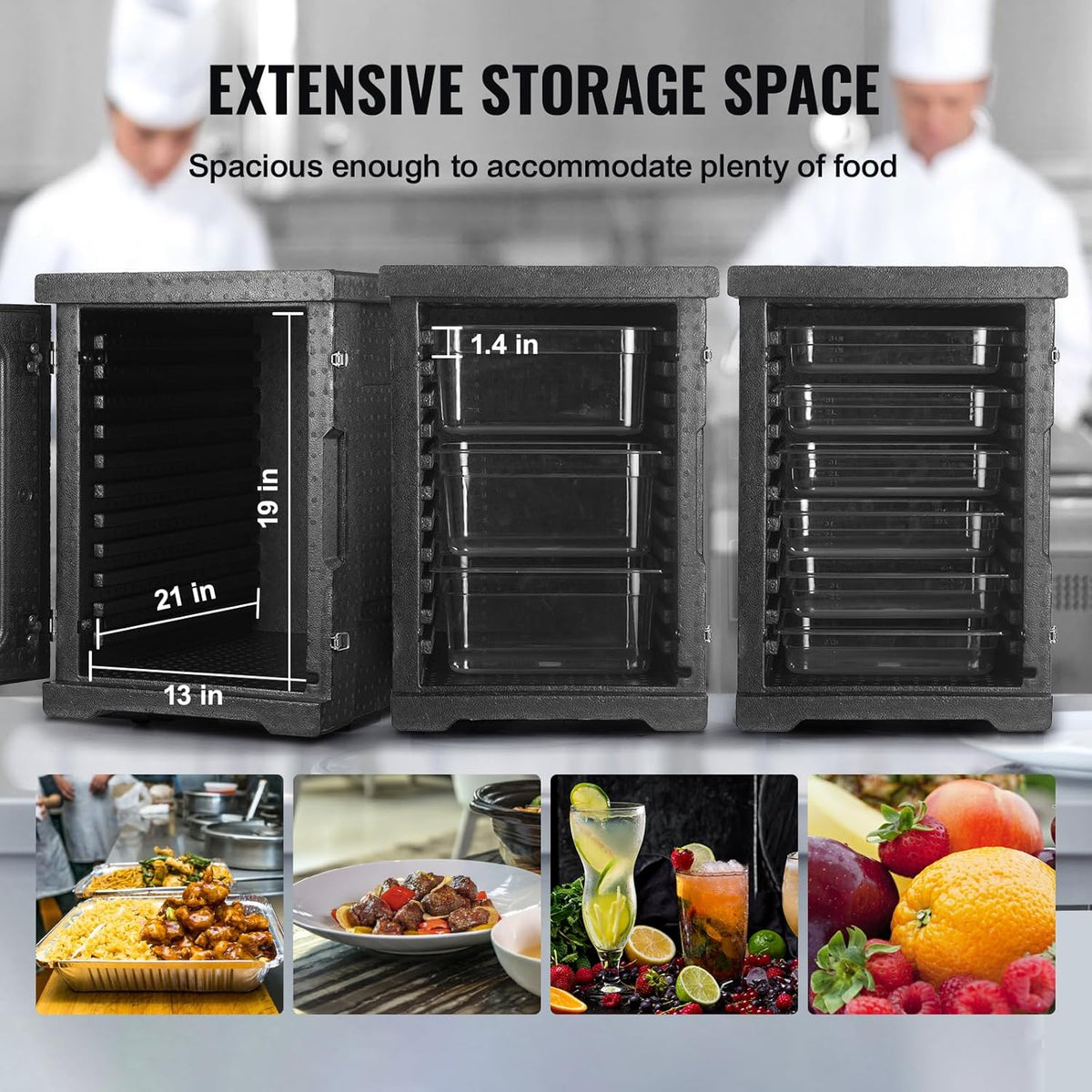 Food tray transportation box. 95-gallon insulated box for the catering industry. LLDPE food tray box with double clasps. front-mounted food heater with handle. suitable for stacking end loaders in restaurants. canteens. etc. black