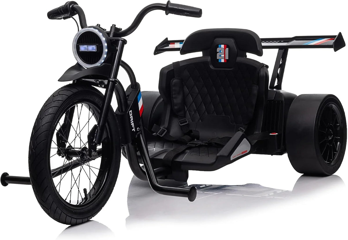 Children's electric drift tricycle. three-wheel electric drifting bicycle. equipped with LED lights. 16-inch inflatable tires. battery-powered. suitable for boys and girls aged 8 and above. outdoor electric driving vehicle (black)