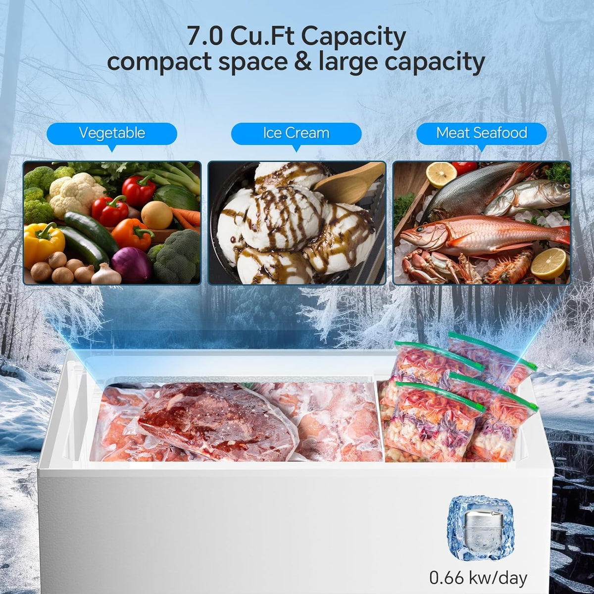 3.5 Cubic Feet Chest Freezer with 2 Removable Baskets Free Standing Top Open Door Compact Freezer with Adjustable Temperature for Home/Kitchen/Office/Bar (3.5 Cubic Feet. White)