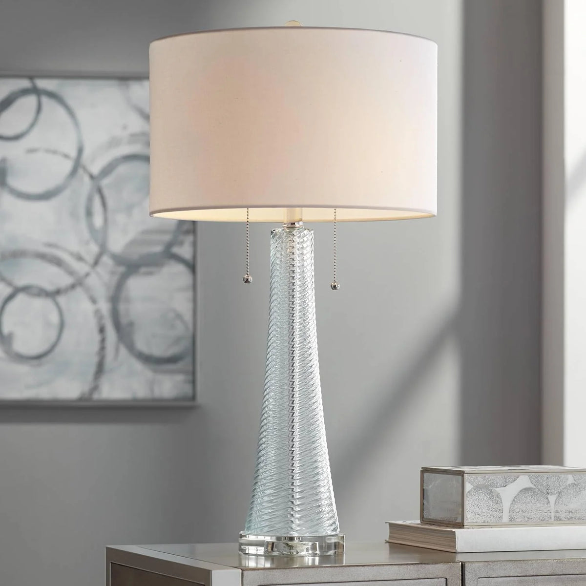 Modern desk lamp. 28.5 inches high. 2 sets. Features a sky-blue textured glass lampshade and a white cylindrical lampshade with a vortex pattern. Suitable for living room. bedroom. bedside table. night light. office. and home use.