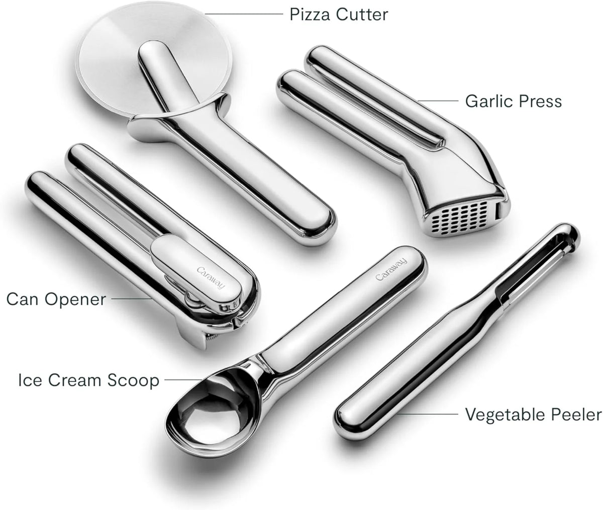 Kitchen Tool Set - Five-piece essential kitchen items - Made of stainless steel - Includes can opener. pizza cutter. garlic press. ice cream scoop. vegetable peeler and storage organizer box
