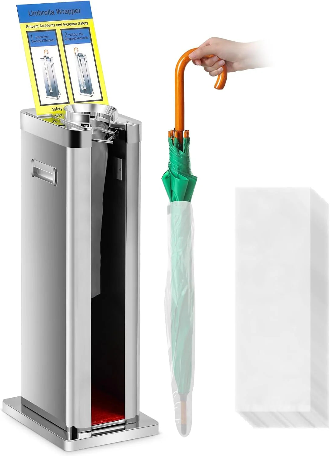 Automatic wet umbrella packaging machine. stainless steel single-slot umbrella bag distributor bracket. equipped with 1000 long umbrella bags and warning signs. suitable for commercial shopping centers. hotels. in silver color.