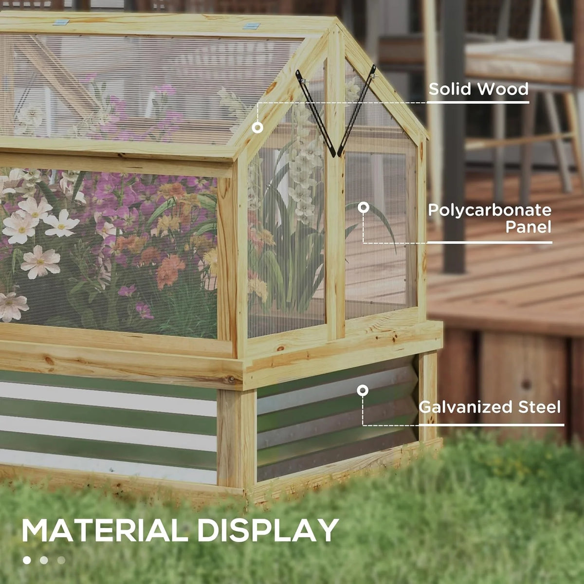 Raised Garden Bed with Polycarbonate Greenhouse. Wooden Cold Frame Greenhouse. Garden Flower Planter Protection. Peak Roof. 35.5 x 31.5 x 36. Natural