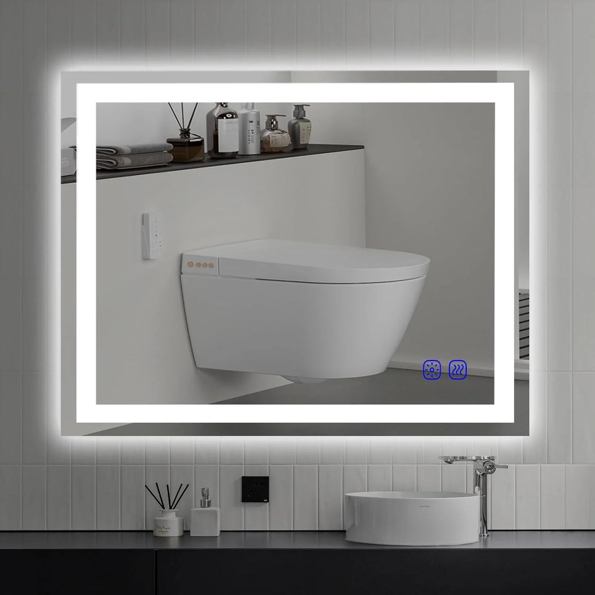 LED wall-mounted makeup mirror with lights - suitable for wall-mounted large makeup tables. Features intelligent touch buttons. anti-fog. water resistance. adjustable dimming. color adjustment. and magnifying glass function.
