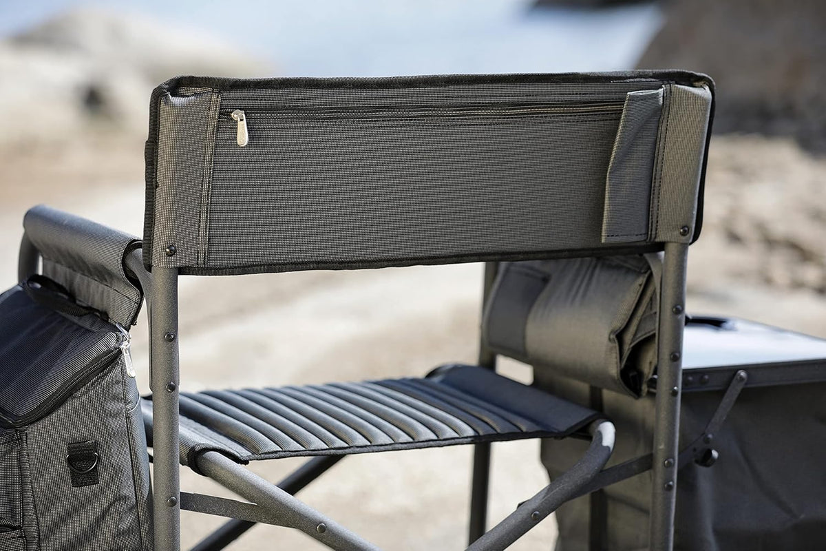 The Picnic Time brand's outdoor folding chairs with a unique design feature a grey base and a black frame. The dimensions are 33 x 7 x 21.