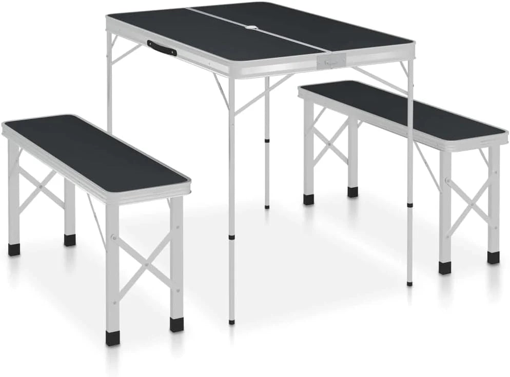 Folding Camping Table with 2 Benches Aluminium Grey.Item colourGrey and Silver