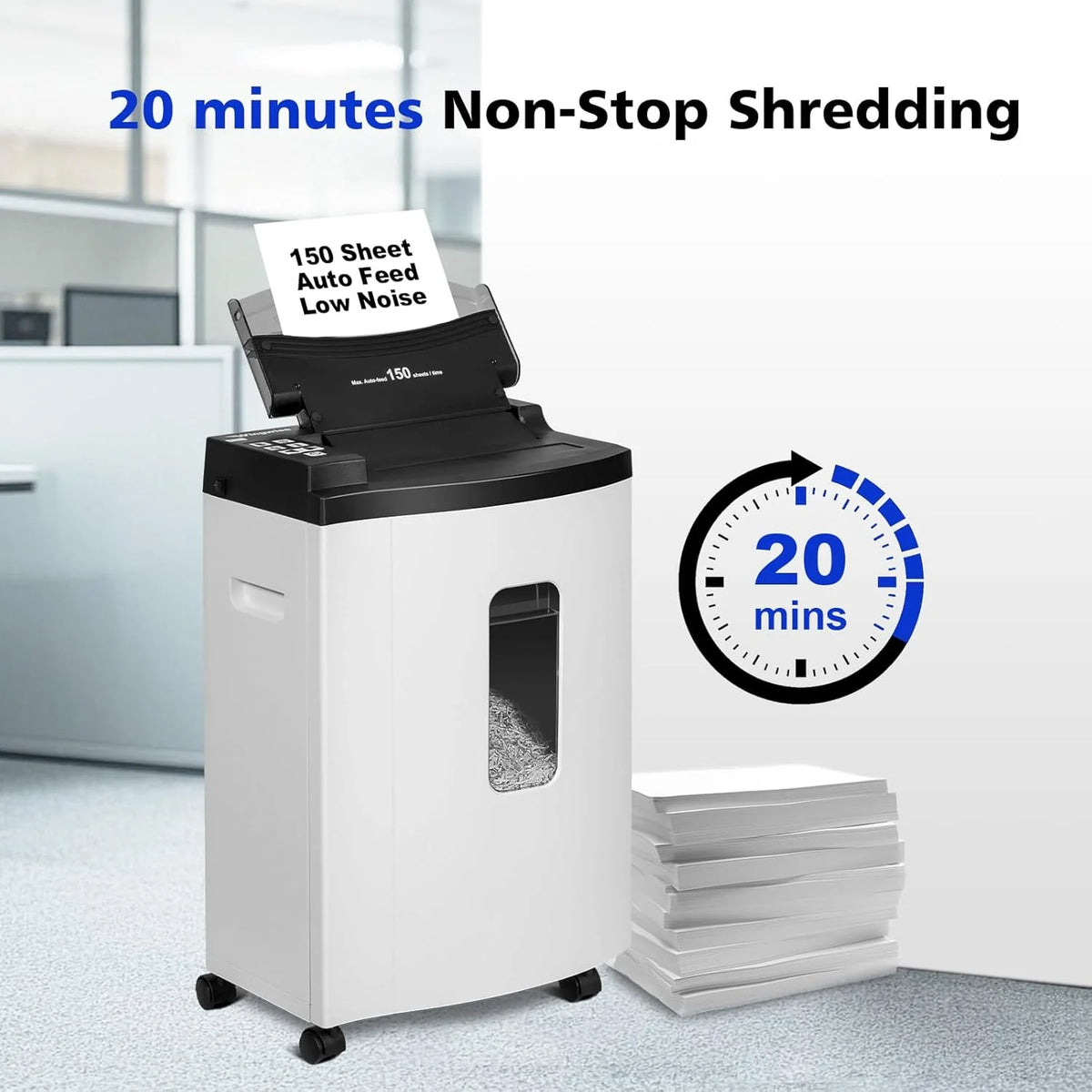 150 Sheet Auto-Feed Micro Cut Paper Shredder for Home Office Use. P-5 Super High Security (5/64 x 19/32 inches). Large 6-Gallon Bin. 20-Min Continuous Run. 55dB Ultra-Quiet. White