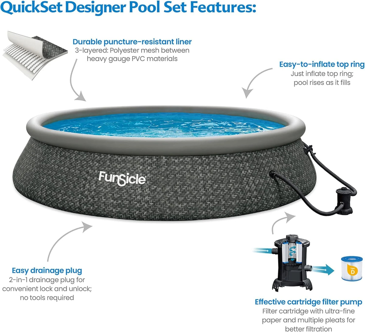 12 Foot by 36 Inch Quickset Round Inflatable Ring Top Outdoor Above Ground Swimming Pool Set with Pump and Cartridge Filter. Dark Herringbone