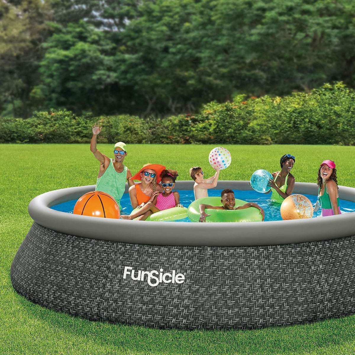 12 Foot by 36 Inch Quickset Round Inflatable Ring Top Outdoor Above Ground Swimming Pool Set with Pump and Cartridge Filter. Dark Herringbone