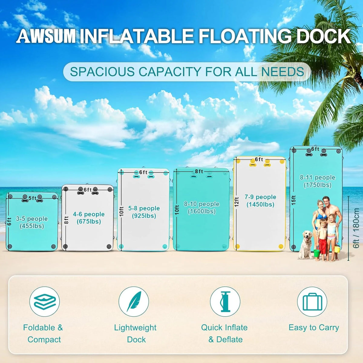 Inflatable Floating Dock Air Dock Platform Floating Island Raft with None-Slip Surface for Pool Beach Ocean