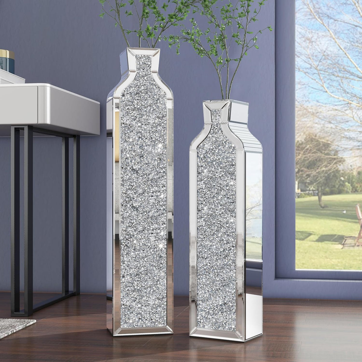 Floor vase crushing diamond reflective vase - Silver floor-style vase set (2-piece) - 24-inch and 30-inch large crystal goblet vases. suitable for living rooms. dining rooms. bedrooms. home corners. corridors. indoor offices and floors.