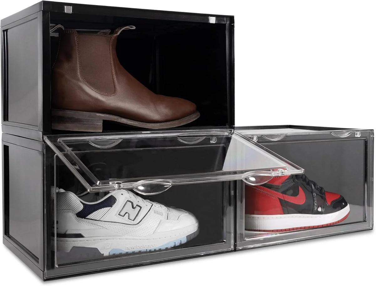 XL brand shoe storage box - Foldable and stackable shoe organizer - Black hard plastic large-capacity shoe box. suitable for shoes up to size 13 - Acrylic shoe box. suitable for Jordan. sneakers. boots (black. 24 pieces)