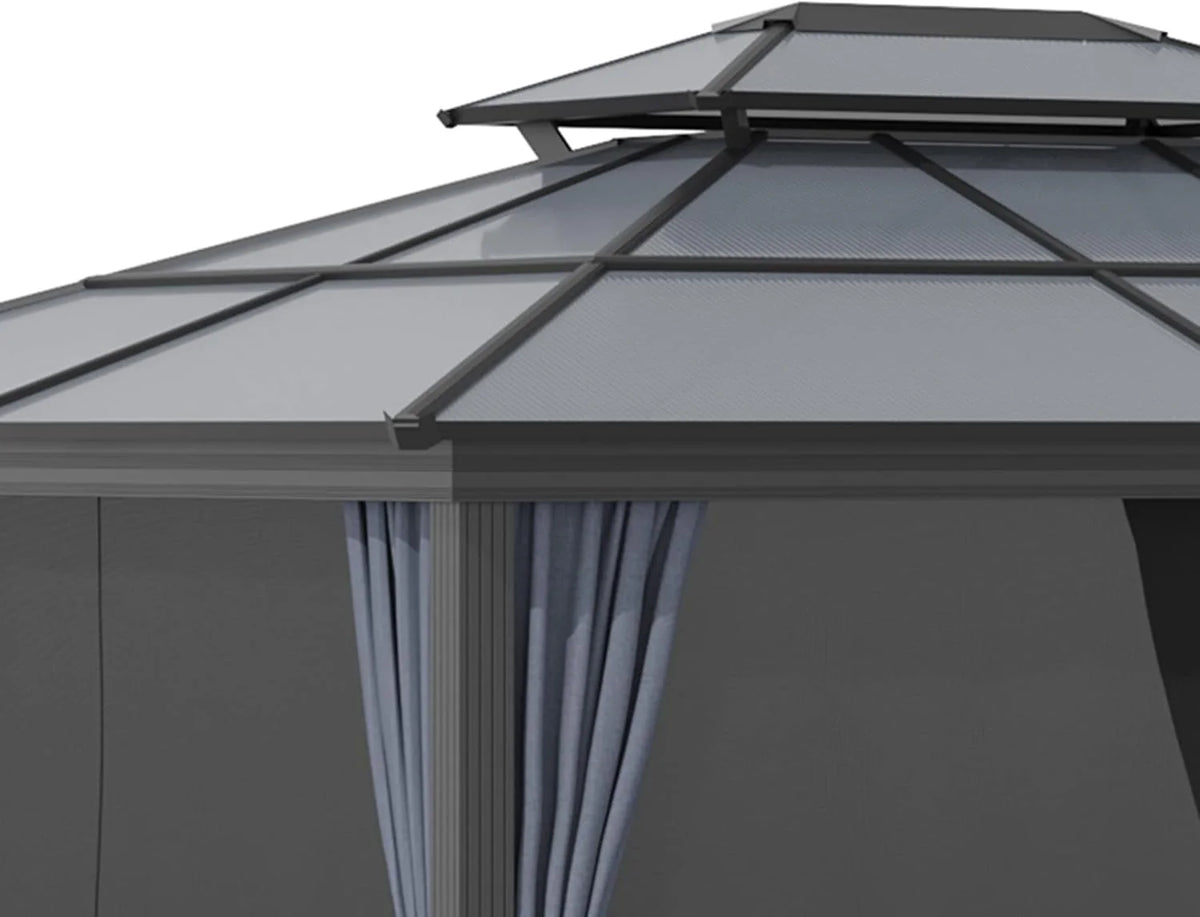 10 feet x 12 feet hard-top awning canopy. polycarbonate roof. aluminum frame. permanent outdoor awning. with net cover. suitable for patios. gardens. backyards. terraces. lawns. grasslands. light gray.
