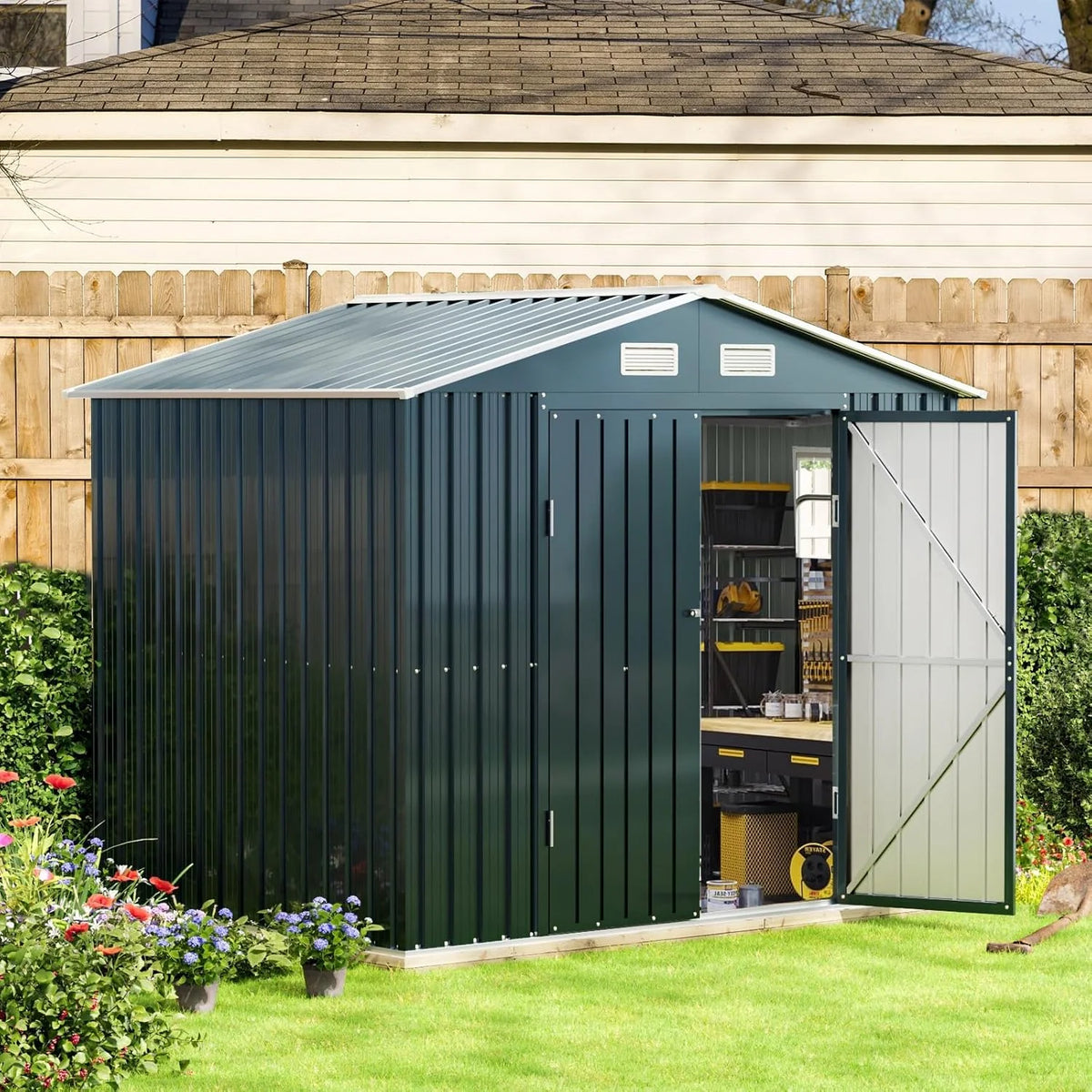 8x6FT Outdoor Steel Storage Shed with Clear Window. Lockable Doors. Weather-Resistant Metal Tool Shed for Garden. Backyard. Patio. and Utility Storage
