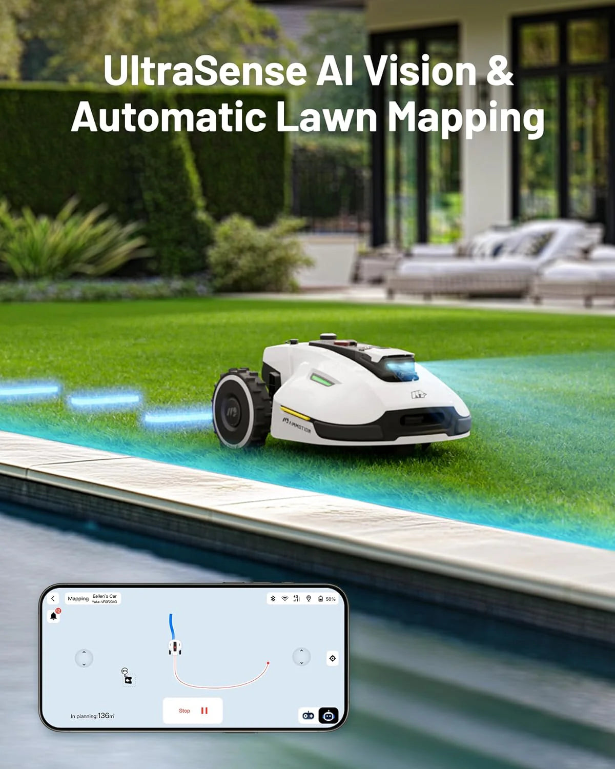 2000 Robot Lawn Mower with 4G. Reception 0.5 Acre.Max. 0.7 Acre. Ultrasense AI Vision & RTK. Auto Mapping & App Control.45% Slope.Wireless Perimeter.Dual Cutting Discs. 20 Mowing Zones