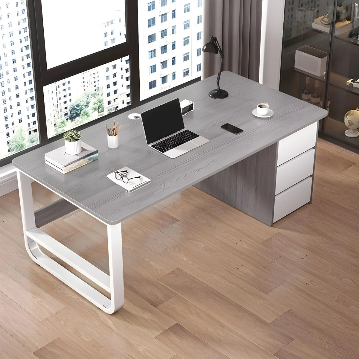 This stylish and modern office desk features an integrated cable management system. a wooden desktop. and a rectangular shape. It comes with three drawers and is ideal for both office and home use. Available in brown. it measures 63 inches in length.