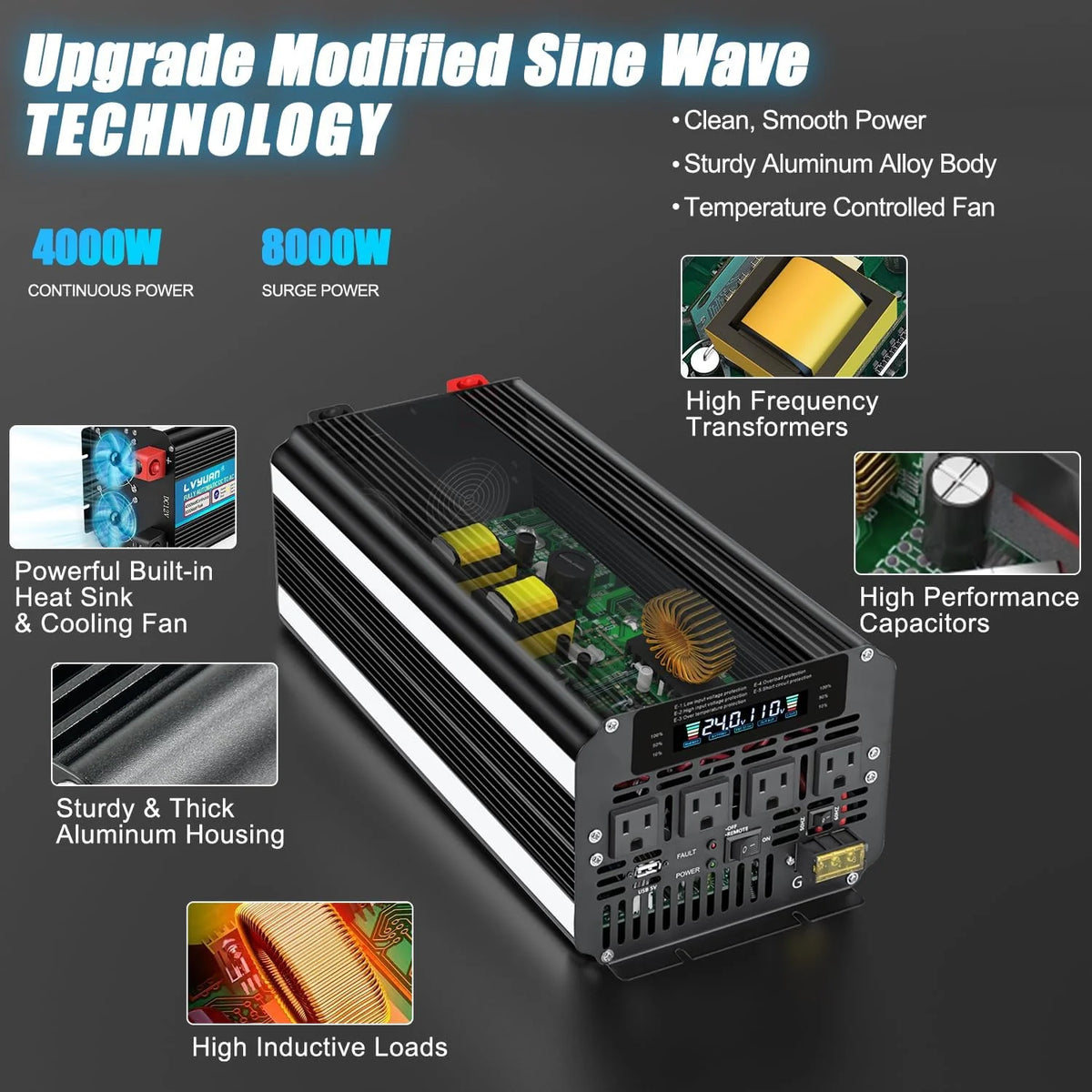 5000 Watt Power Inverter 12V to 110V 120V for Vehicle. Solar Inverter System. Heavy Duty. RV. Truck. Off Grid.Camping with 4 AC Outlets. LCD Display. Wireless Remote Control. Car Power Inverter