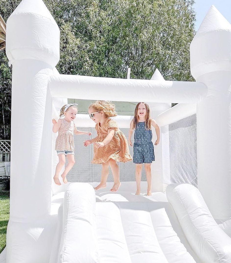 White Bounce House Indoor Outdoor Bouncy Castle for Kids 2-8 Oxford Toddler Bounce House with Slide Balloon & Blower.103 x 71 x 90 inch.Children's Birthday Party Easter Party Gifts