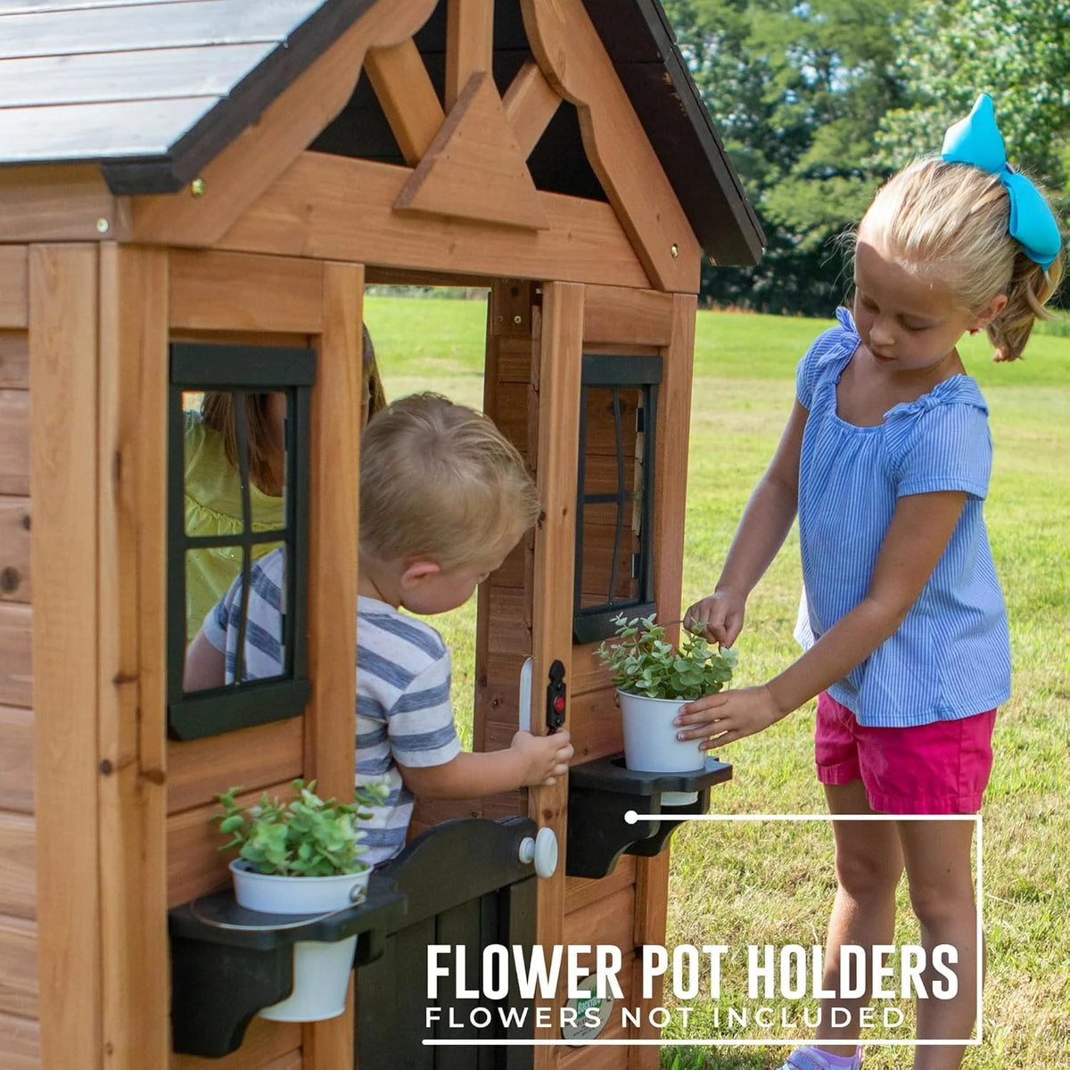 Children's playhouse cabin. equipped with a game kitchen. snack bar. half-door. toy phone. windows. flower pot stand and an operable doorbell. suitable for creative outdoor games.