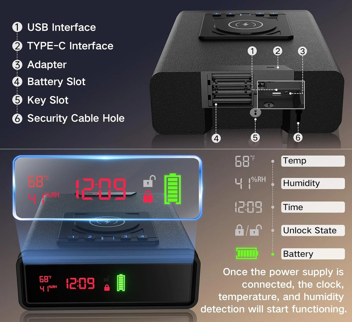 Smart Biometric Safe with Wireless Charging for Phone & Watch. 3 Access Methods to Unlock. Nightstand Drawer Safe LED Display with Humidity & Temperature Monitoring. Stopbox for Cash and Valuables