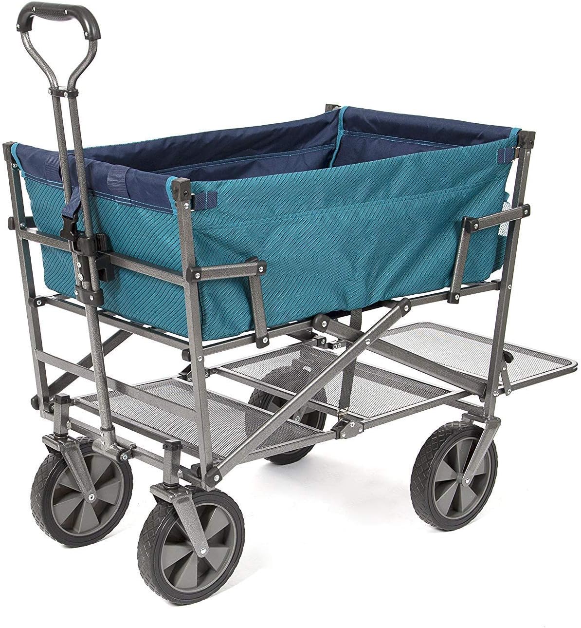 A foldable double-layer outdoor multi-functional truck. equipped with a long lower shelf. in blue-green color.