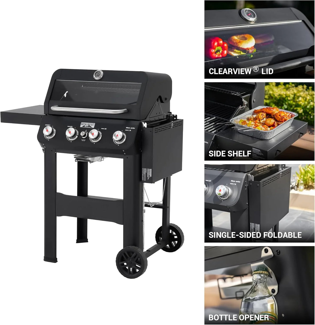 Grills 4-Burner Liquid Propane Gas Grill. Silver Stainless Steel Grill Outdoor Patio Garden Barbecue Grill with Clearview® Lid and One Foldable Shelf. Mesa400MF