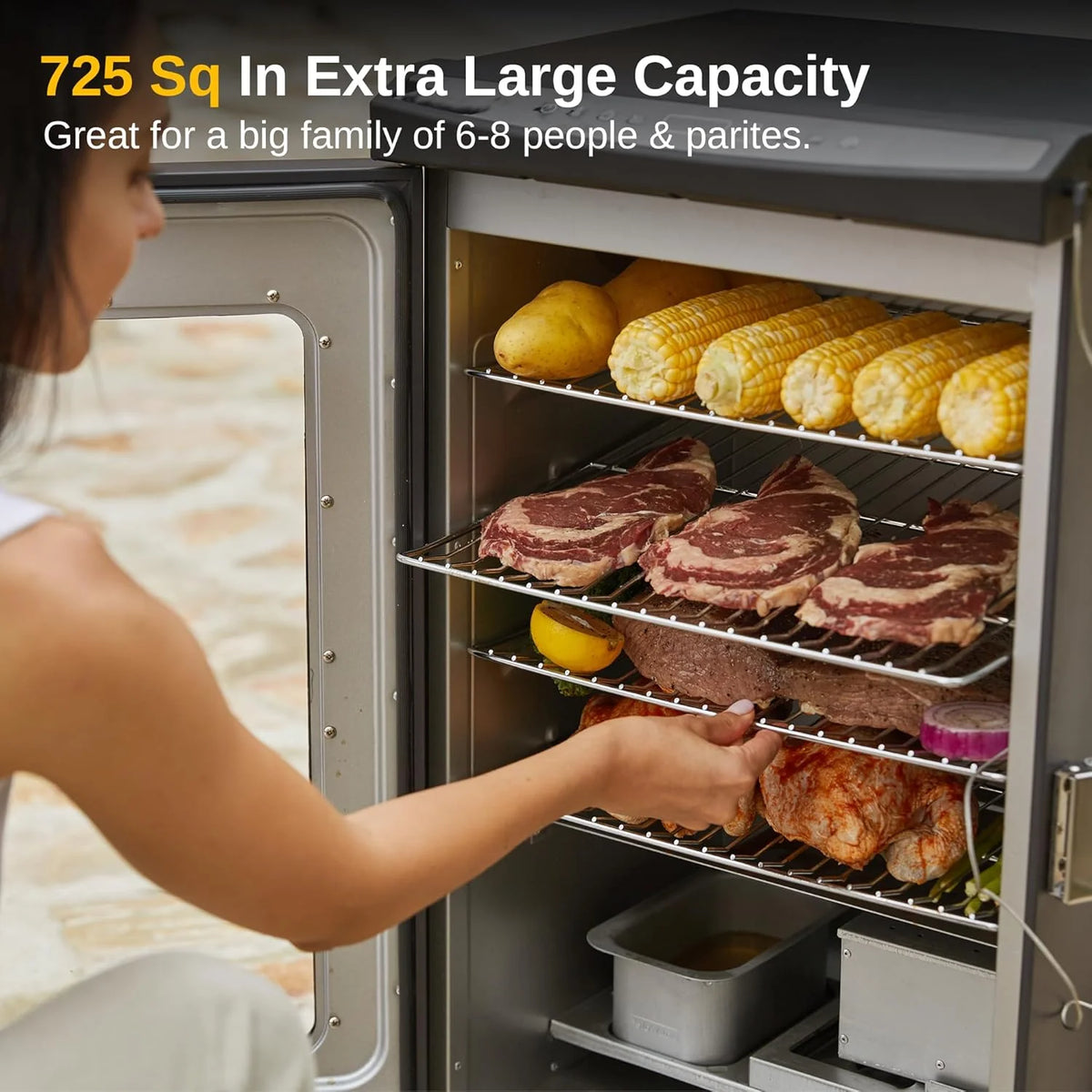 30 Electric Smoker. Outdoor Smoker with Glass Door & Meat Thermometer. 725 Sq Inch Large Capacity. 4 Detachable Racks for Backyard BBQ. Party. Outdoor Cooking Night Blue