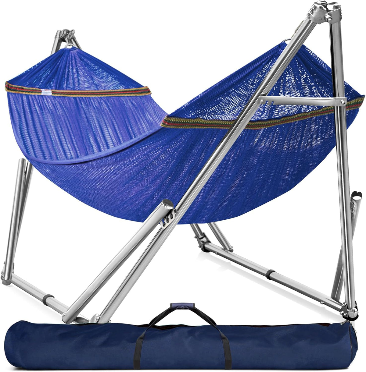 Double hammock with frame. with a load capacity of 650 pounds. double hammock with support rods. made of high-quality 201 stainless steel. assembled in 30 seconds. sturdy and flexible portable hammock frame. suitable for outdoor and indoor use. black