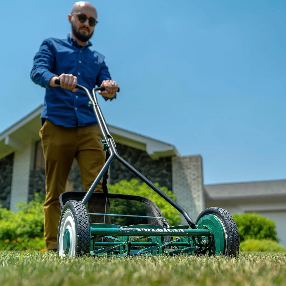 Mower Company 1725-16GC 16-inch 7-blade reel mower with grass debris collection device. designed specifically for lawns. green model