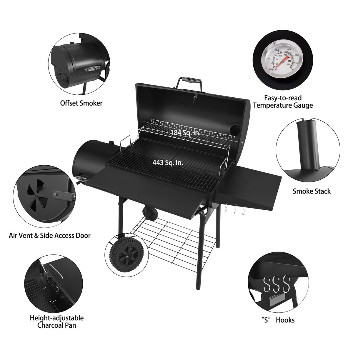 Gourmet 30 BBQ Charcoal Grill and Offset Smoker