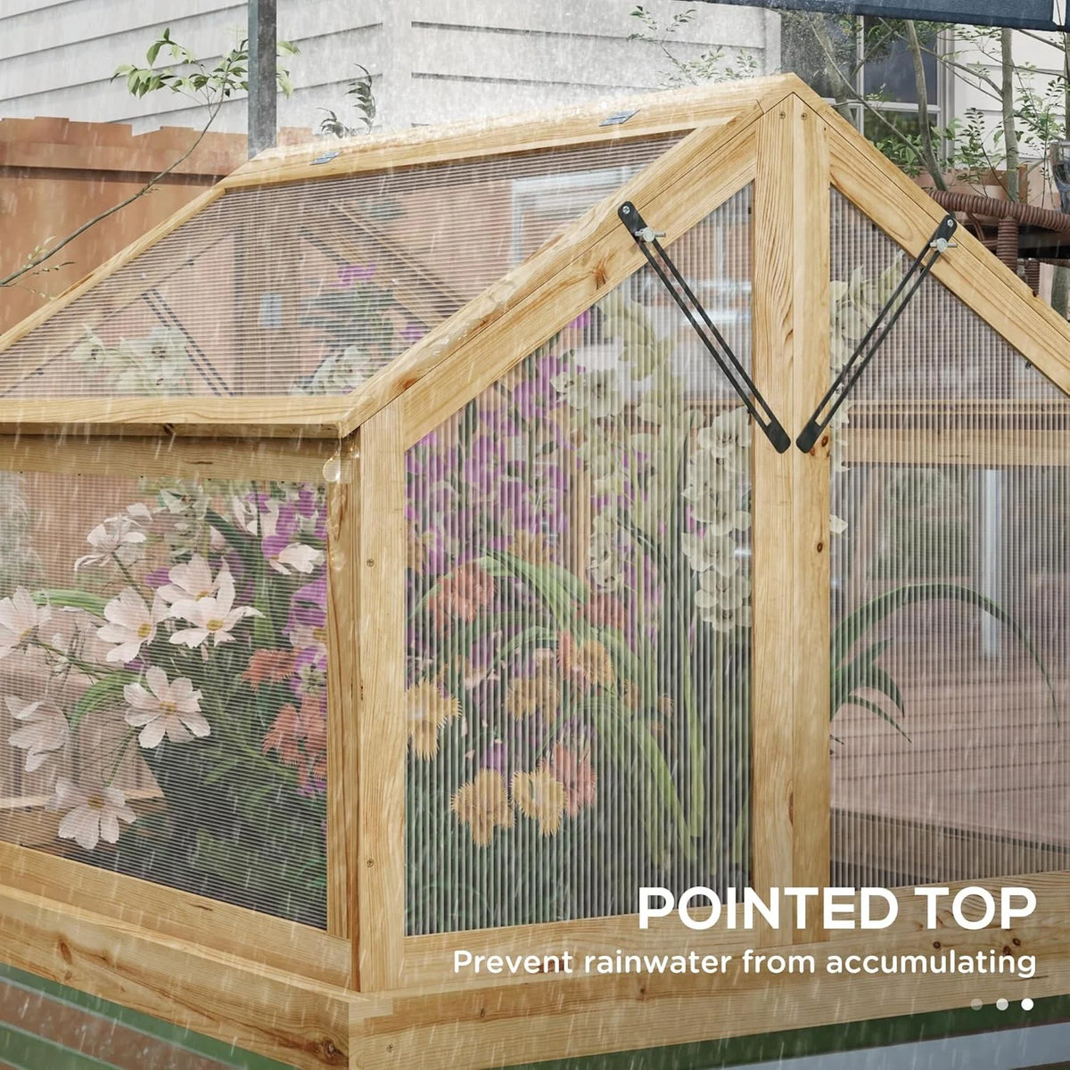 Raised Garden Bed with Polycarbonate Greenhouse. Wooden Cold Frame Greenhouse. Garden Flower Planter Protection. Peak Roof. 35.5 x 31.5 x 36. Natural