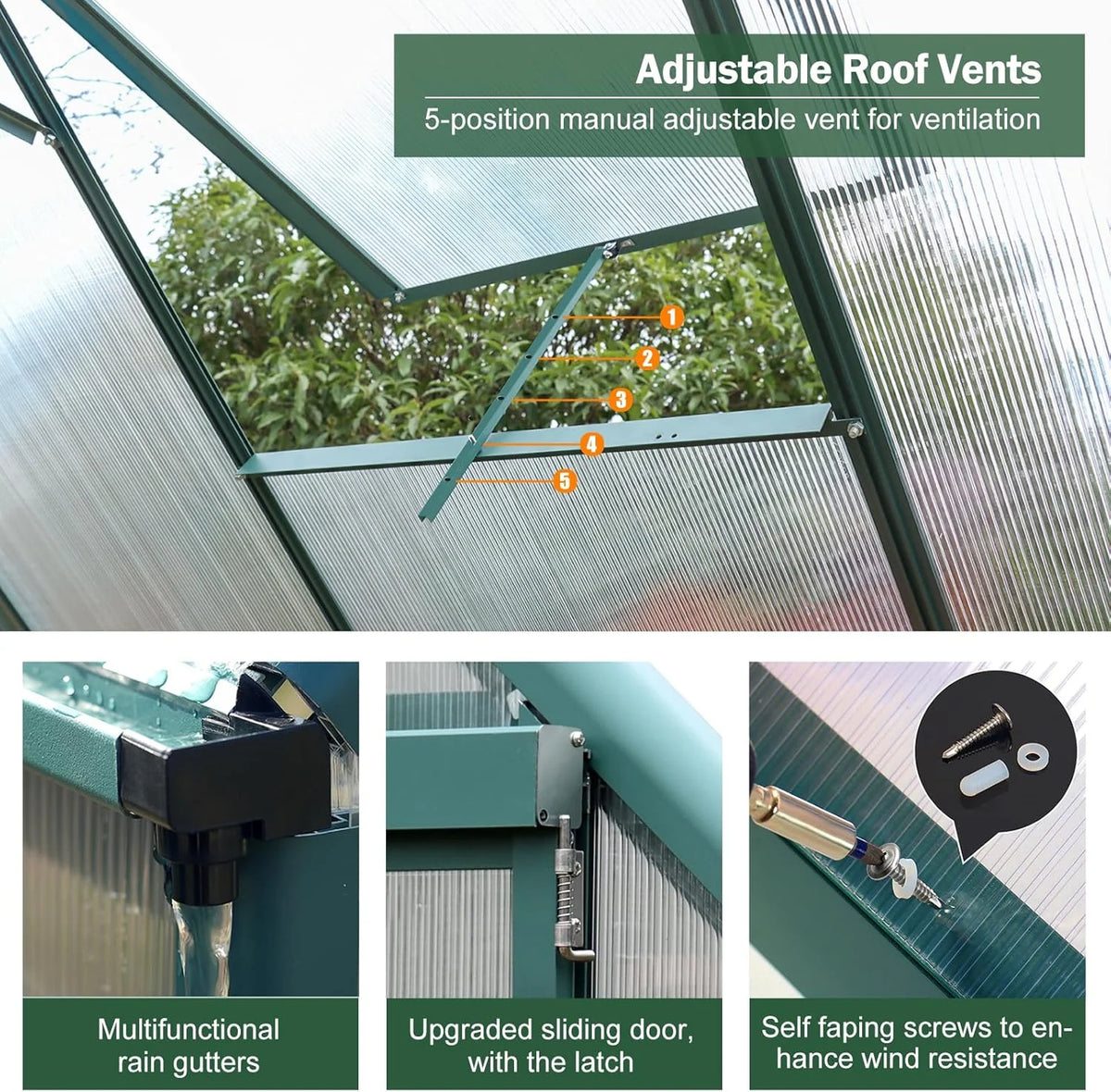 6'x10' Walk-in Greenhouse with 4mm 800G Polycarbonate Panels - Heavy-Duty Aluminum Frame. Wind/Snow Resistant for Gardening. Includes Sliding Door & Ventilation Windows (Green)