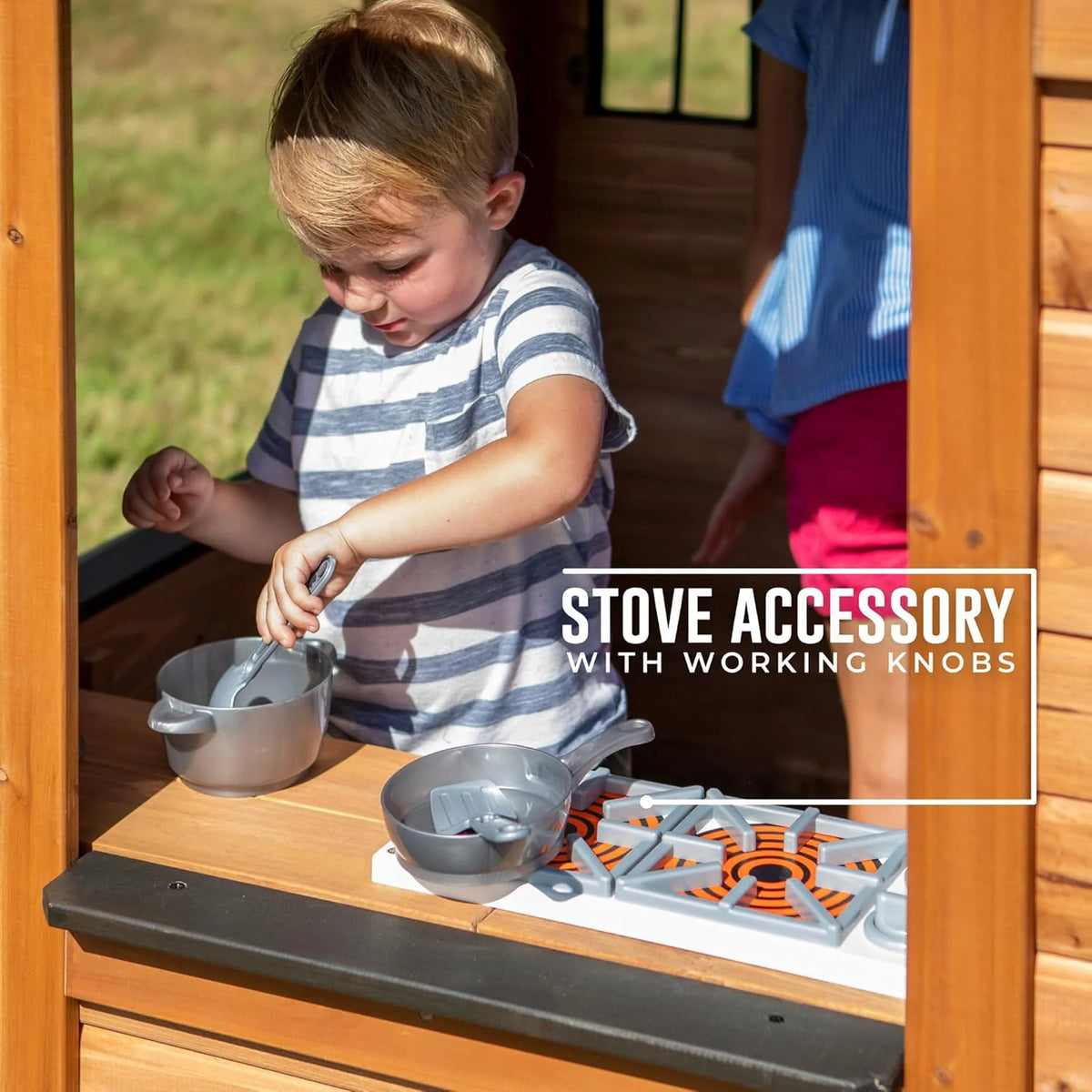 Children's playhouse cabin. equipped with a game kitchen. snack bar. half-door. toy phone. windows. flower pot stand and an operable doorbell. suitable for creative outdoor games.