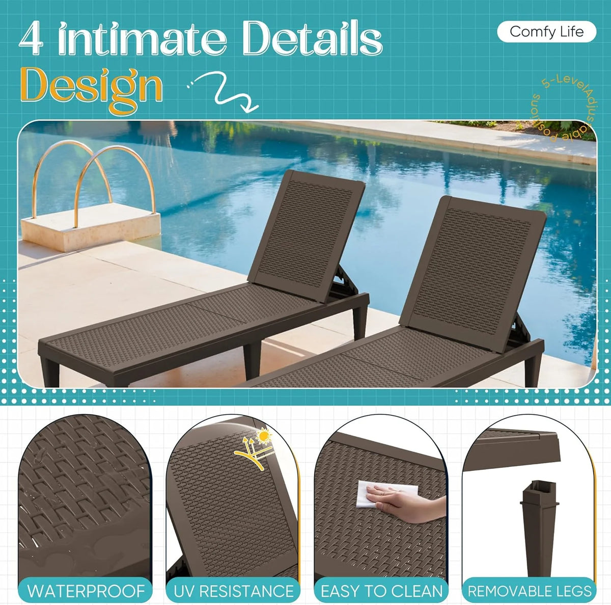 Outdoor Chaise Lounge Chair Set of 2 for Patio Poolside. Waterproof & Adjustable & Easy Assembly Sun Lounger for Outside Deck. Pool. Beach. Black
