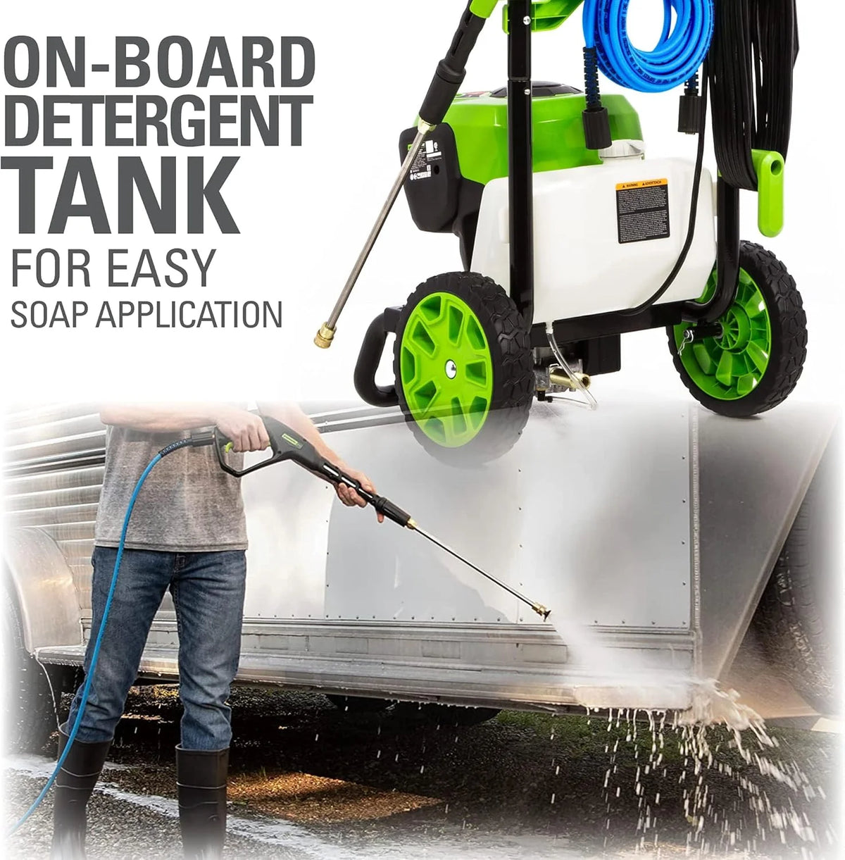 2300 pounds/square inch true brushless electric high-pressure cleaning machine (2.3 gallons/minute). 25 feet hose. quick-connect nozzle. 15°. 24°. 40° soap nozzles and turbine nozzle