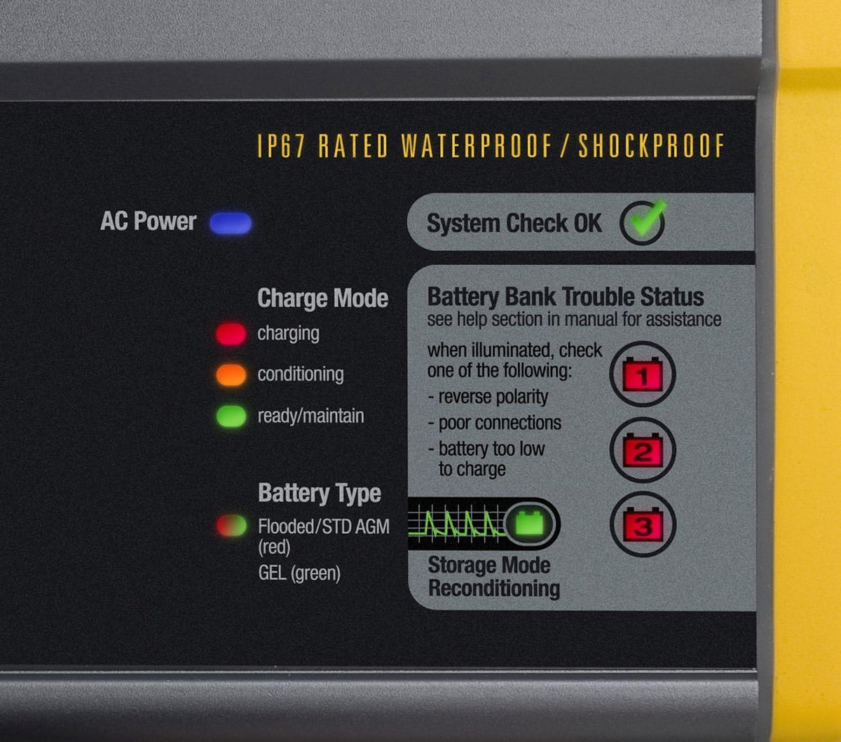 20 amperes. 12/24 volts. 2 battery packs. waterproof. waterproof battery charger for use on water.