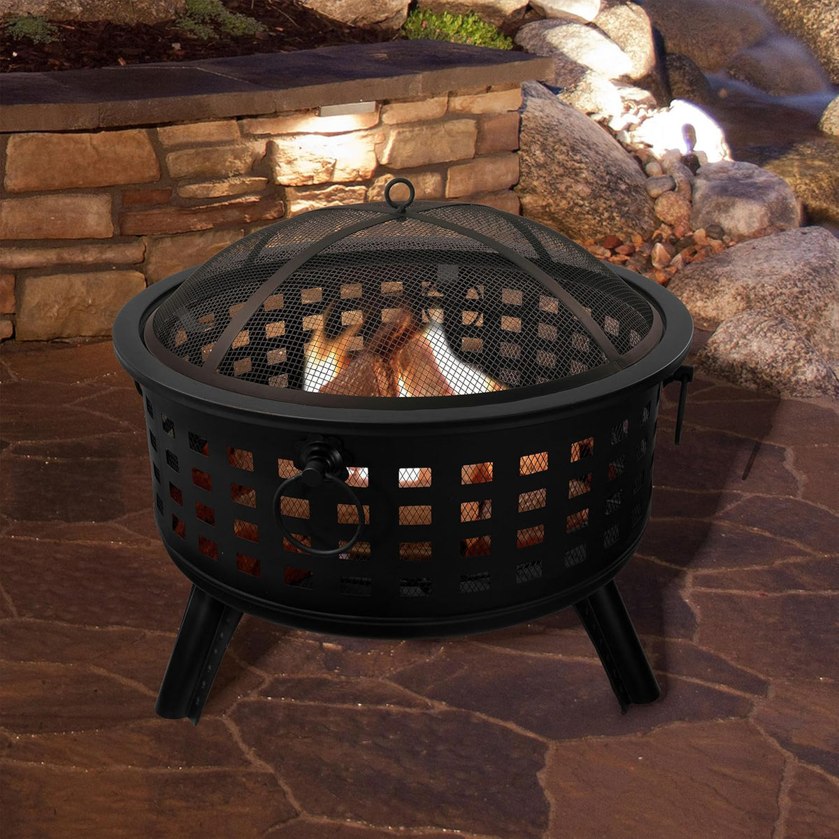 Outdoor Fire Pit - 26-Inch Round Lattice Wood Burning Firepit with Screen. Poker. Grate and Cover - Wood Fire Pits & Outdoor Fireplaces by Pure Garden