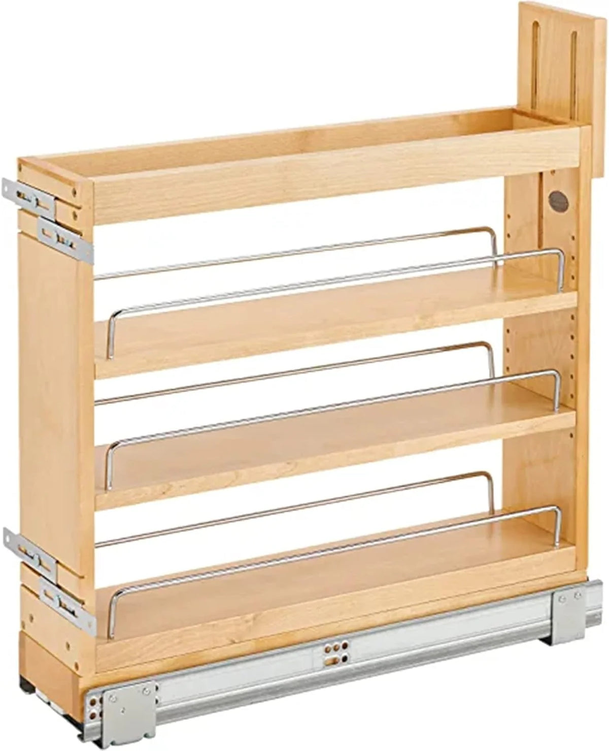 5-inch pull-out storage rack. suitable for bottom cabinets in kitchens/bathrooms. with a soft-closing slide rail for a spice rack/food storage rack. made of wood material