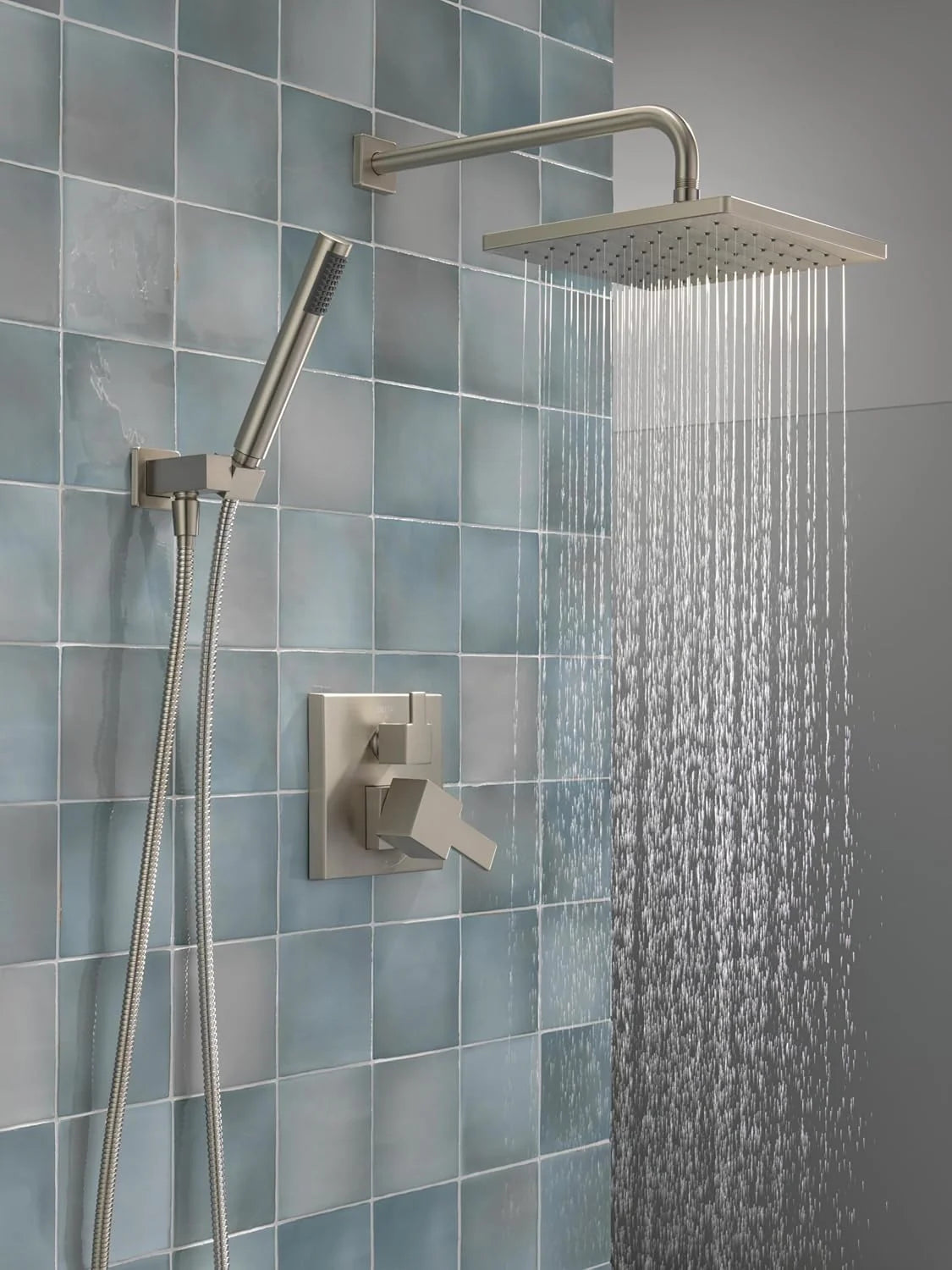 Square shower head set. rain shower head and handle set made of brushed nickel material. valve cover kit. 10 inches. stainless steel