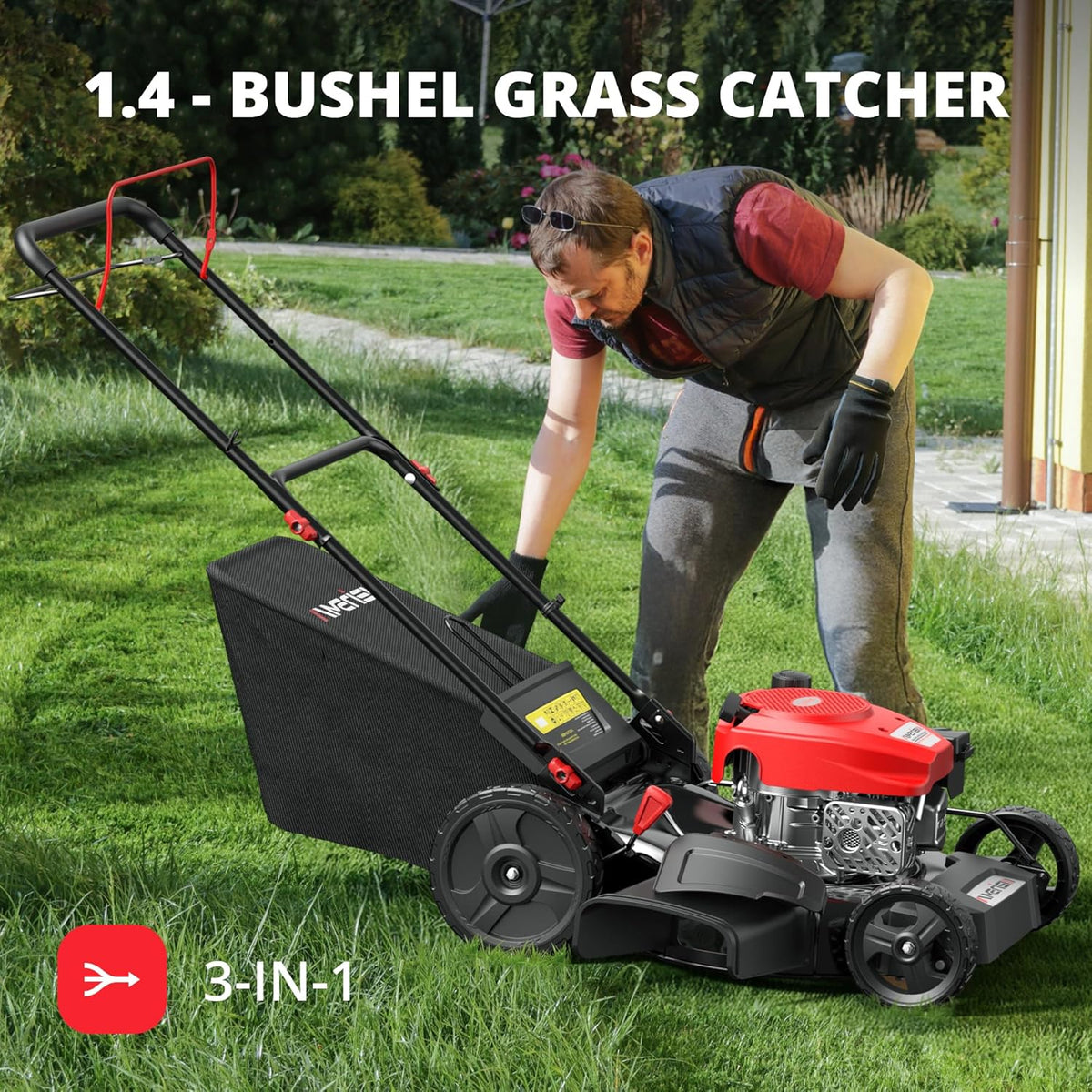 21 Steel Deck Gas Lawn Mower. Heavy-Duty 3-in-1 Push Mower. 144cc 4-Stroke Engine. 6-Position Height Adjustment. Large 1.4 Bushel Grass Catcher. Durable & Efficient for Yard & Garden
