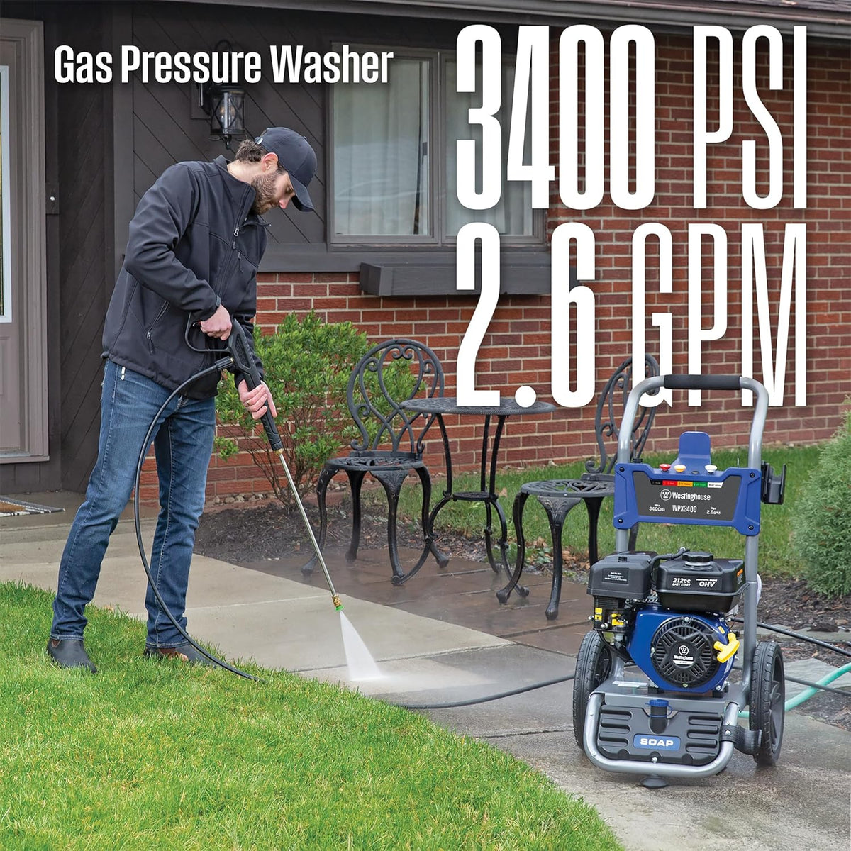 WPX3400 Gas Pressure Washer. 3400 PSI and 2.6 Max GPM. Onboard Soap Tank. Spray Gun and Wand. 5 Nozzle Set. for Cars/Fences/Driveways/Homes/Patios/Furniture