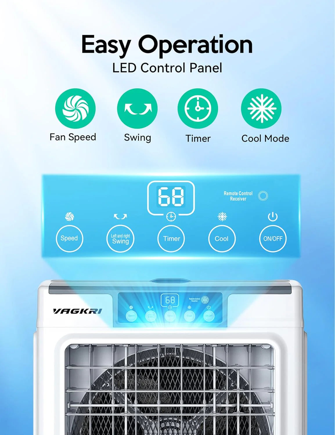 Evaporative Cooler. Air Cooler. 120°Oscillation Swamp Cooler with Remote Control. 24H Timer. 3 Wind Speeds for Outdoor Indoor Use.8 Gallon