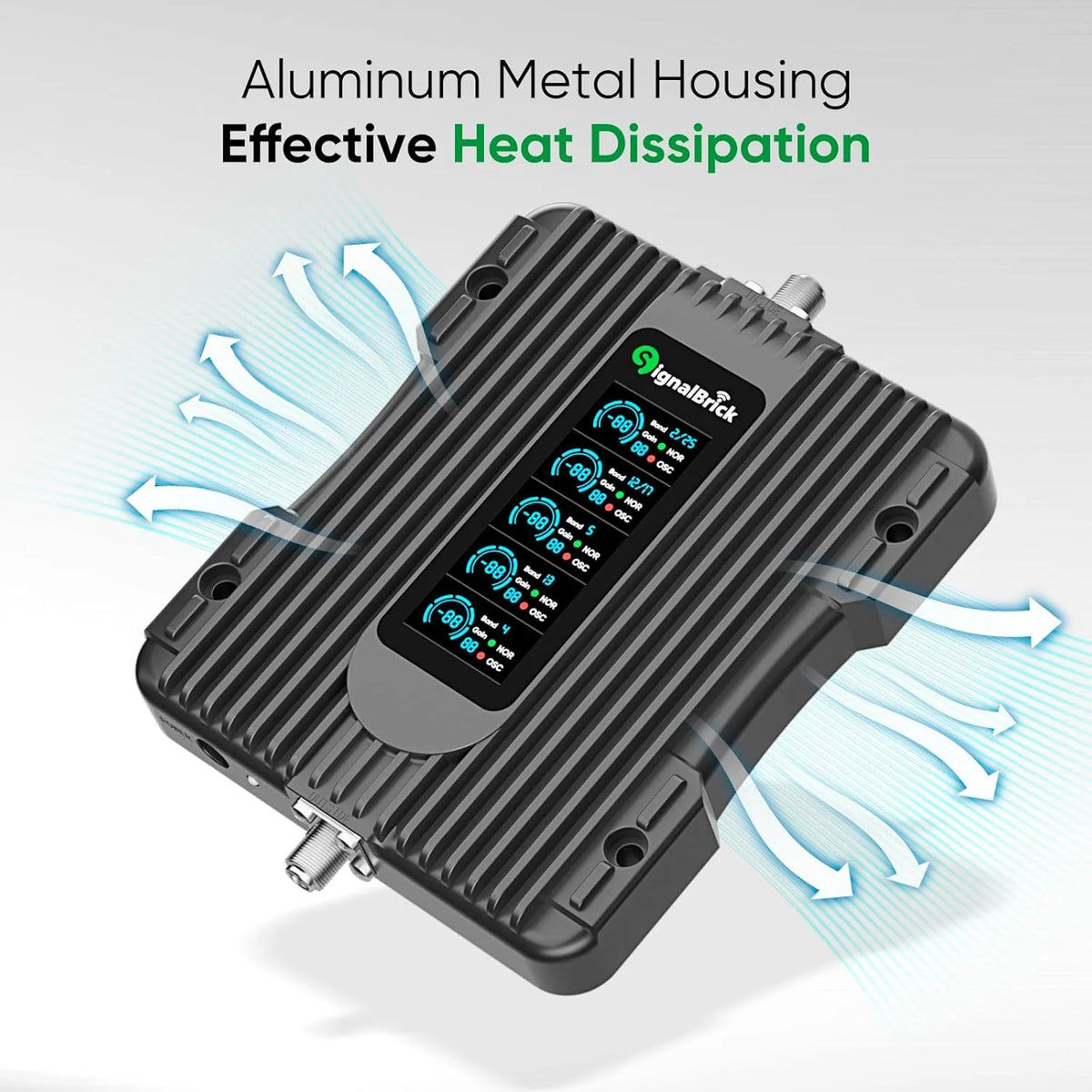 A home-use mobile phone signal booster with a liquid crystal display. a five-band mobile phone signal booster. with a coverage area of up to 5000 square feet.