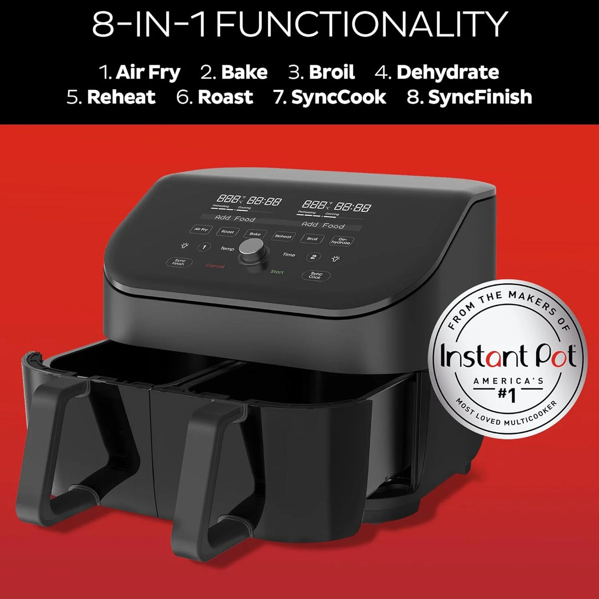 Air fryer. with a transparent casing. personalized programming. integrating 8 functions. capable of achieving various cooking methods such as frying. baking. drying. baking. heating and reheating.