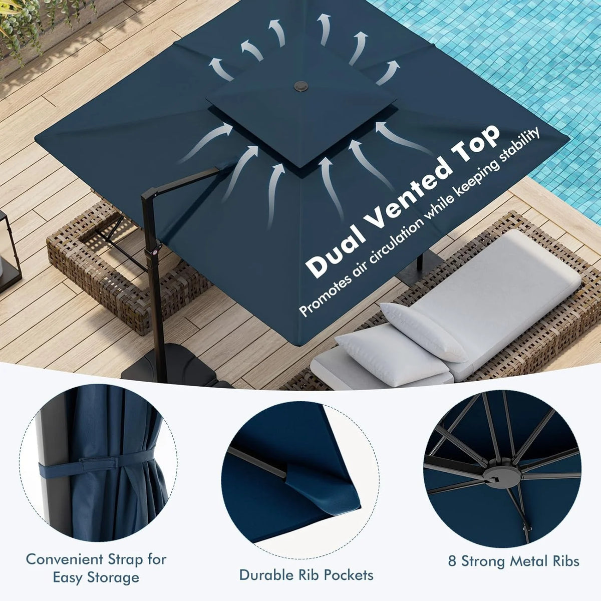 9.5-foot cantilevered patio umbrella. outdoor square offset umbrella. 360° rotatable. double-structured heavy-duty patio hanging umbrella. with cross base. suitable for gardens. patios. swimming pools and backyards.