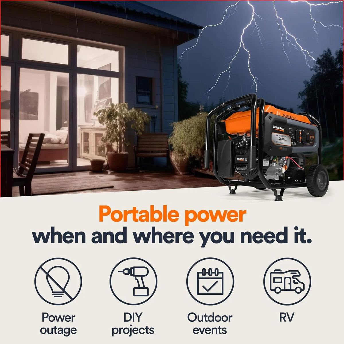 8.000-Watt Gas-Powered Portable Generator - Electric Start with COsense - PowerRush Advanced Technology - Reliable Power for Emergencies. Recreation. Home - 49 State Compliant - Orange/Black
